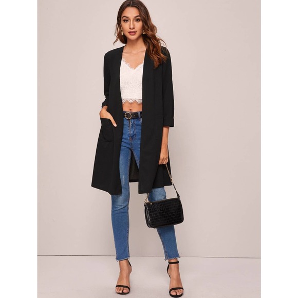 Open Front casual long blazer Coat collarless black minimalist - Picture 4 of 8